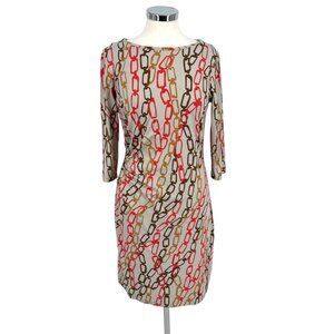 J. McLaughlin Chain Print Dress 3/4 Sleeve Draped Waist Gray Multi Size Medium